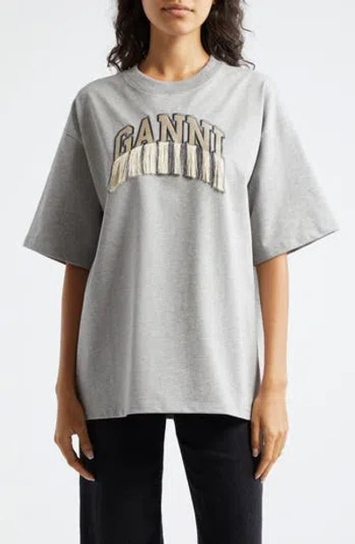 Ganni Oversize Fringe Accent Organic Cotton Graphic T-shirt In Grey