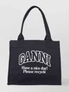 Ganni Black Shopper With Embroidered Logo On The Front In Denim Woman