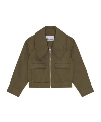 Ganni Green Wide Collar Jacket In 861 Kalamata
