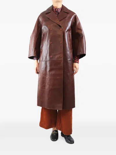 Pre-owned Ganni Oversized Double-breasted Leather Coat In Brown