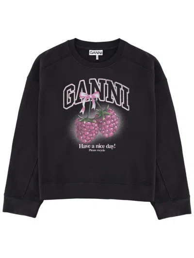 Ganni Oversized Graphic Crewneck Sweatshirt In Black