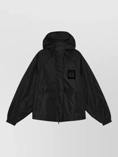 Ganni Oversized Hooded Jacket Logo Detail In Black