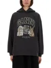 Ganni Hoodie With Logo Print In Gray