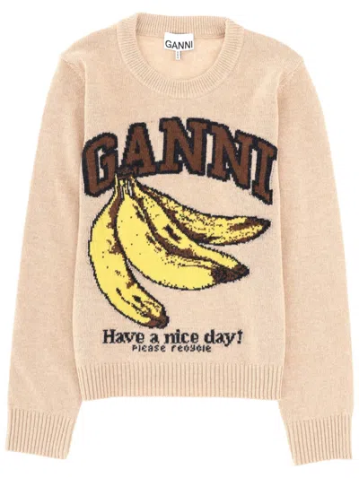 Ganni Oversized Jacquard-knit Wool-blend Sweater In Brown