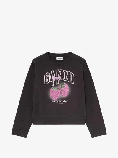Ganni Oversized Organic Cotton Sweatshirt With Logo Graphic Print In Grigio