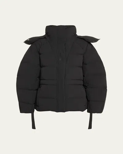 Ganni Oversized Seersucker Puffer Jacket With Removable Hood In Black