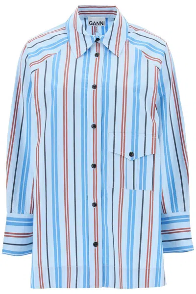 Ganni Oversized Striped Shirt In Light Blue