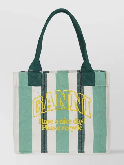 Ganni Oversized Striped Shopper Text Print In Green