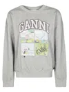 Ganni Oversized Sweatshirt With Playful Graphic Print In Gray