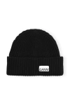 Ganni Wool-blend Ribbed-knit Beanie Hat In Black