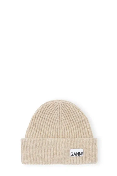Ganni Loose Wool Rib Knit Beanie In Brazilian Sand