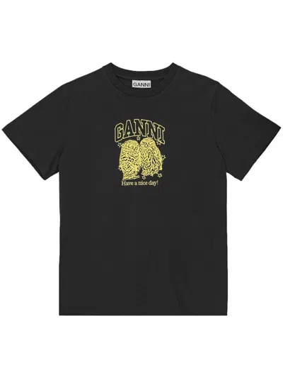 Ganni Owls Print Cotton T-shirt In Black