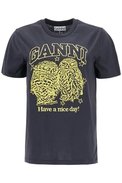 GANNI OWLS PRINT LOGO T-SHIRT