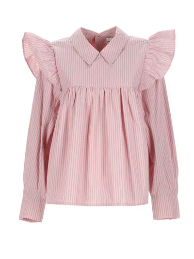 Ganni Oxford Stripe Frill Blouse In Pink