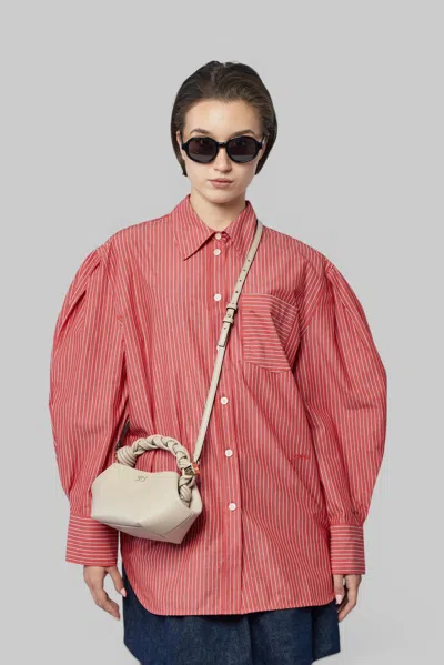 Ganni Oxford Stripe Pleated Sleeve Shirt In Red
