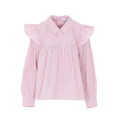 Ganni Women Frill Blouse Shirt In Pink