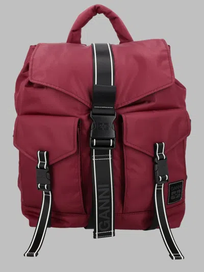 Ganni Padded Backpack With Buckle Front Straps In Bordeaux