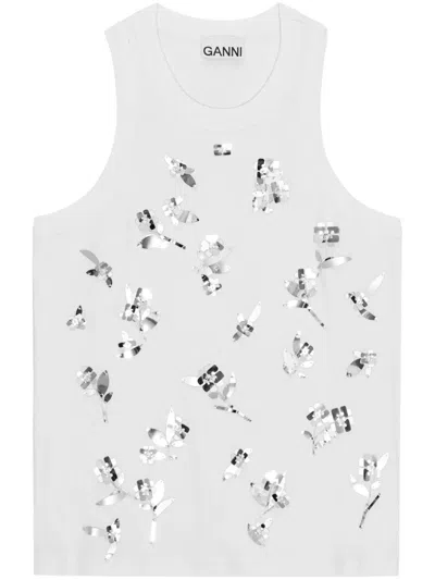 Ganni Embellished Rib Jersey Tank Top In White