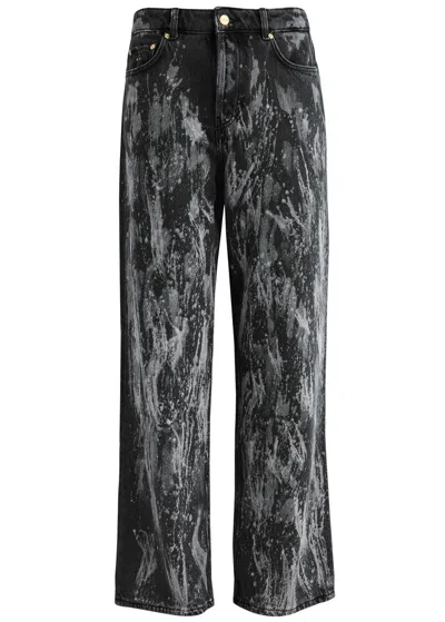 Ganni Paint-splatter Straight-leg Jeans In Black