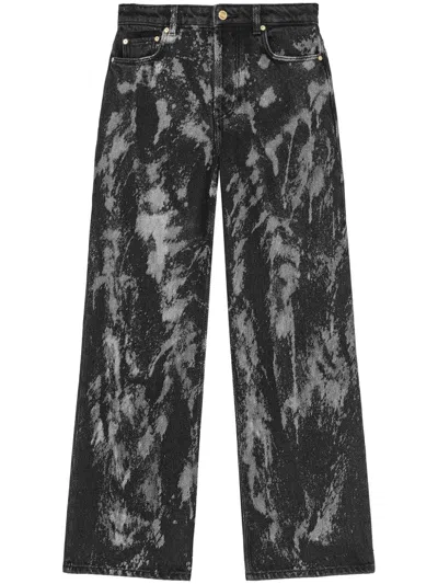 Ganni Womens Washed Black Black Izey Graphic-print Wide-leg Mid-rise Denim Jeans In Washed Black/black