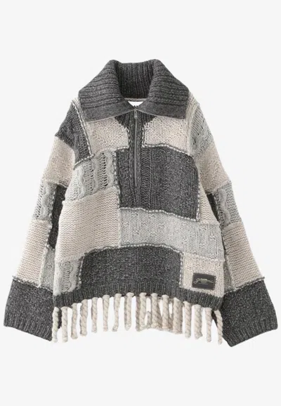 Ganni Paneled Wool Fringed Sweater In Multi