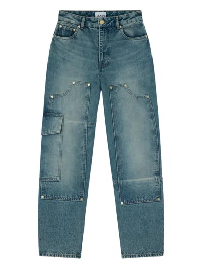Ganni Essentials Tint Rigid Low Rise Carpenter Jeans In Mid Blue Vintage