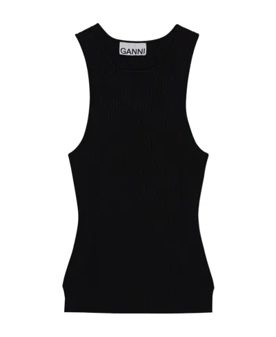 Ganni Panelled Rib-knit Vest Top In Black