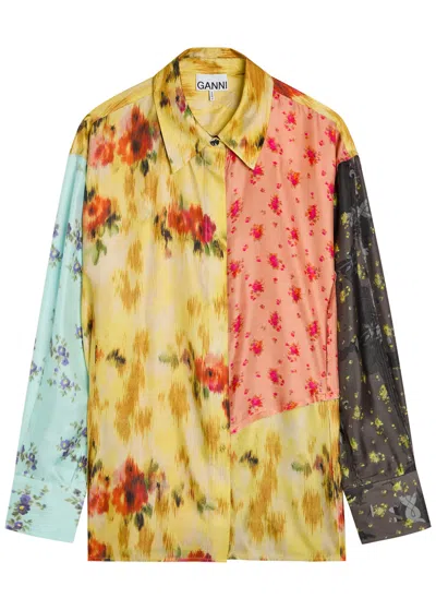 Ganni Womens Iced Aqua Multi-printed Twill Long-sleeve Silk Shirt