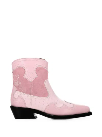 Ganni Panelled Western Ankle Boots In Pink