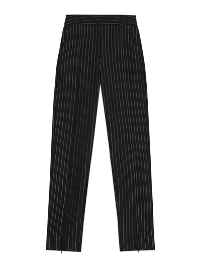 Ganni Compact Stripe Jersey Mid Waist Pants In Negro