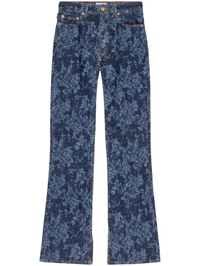 Ganni Schlagjeans Mit Blumen-print In 566 Mid Blue