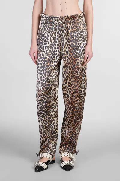 Ganni Washed Cotton Canvas Drawstring Pants In Almond Milk In Animalier