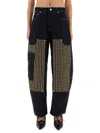 Ganni Checkered Patch Cargo Jeans In Black