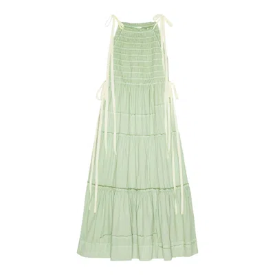 Ganni Patchwork Cotton Twill Maxi Smocked Tiered Dress In Green