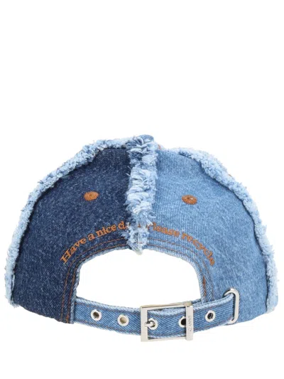 Ganni Patchwork Denim Baseball Cap In Orange