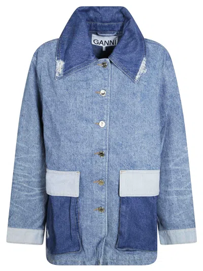 Ganni Patchwork Denim Midi Jacket For Women In Blu