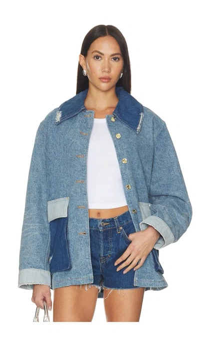 Ganni Patchwork Denim Midi Jacket In Mid Blue Vintage