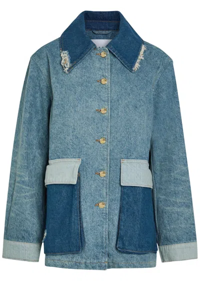 Ganni Patchwork Distressed Denim Jacket In Blue
