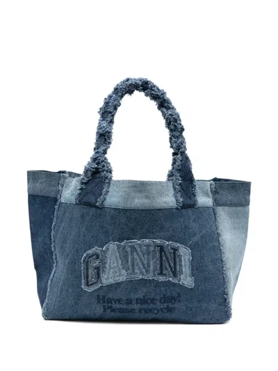 Ganni Patchwork Frayed Tote Bag In Blue