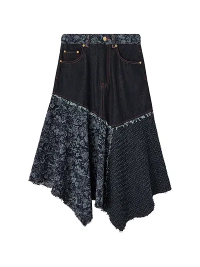Ganni Patchwork Frayed-edge Skirt In Blue