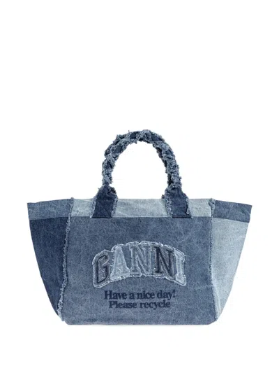 Ganni Patchwork Frayed-edge Tote Bag In Blue