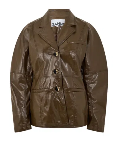 Ganni Patent Blazer In Brown