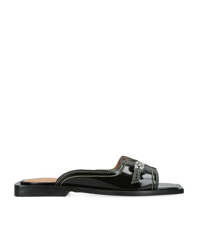Ganni Patent Butterfly Flat Sandals In Black