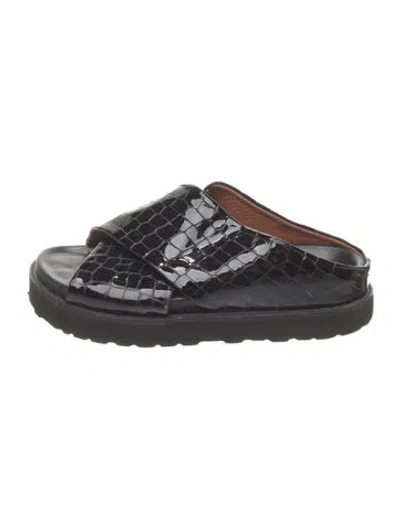 Pre-owned Ganni Patent Leather Animal Print Slides In Black