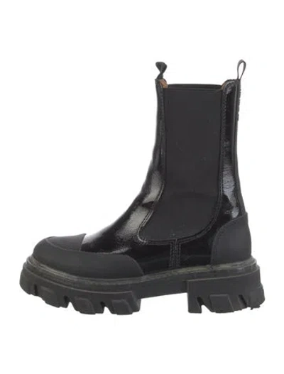 Pre-owned Ganni Patent Leather Chelsea Boots In Black