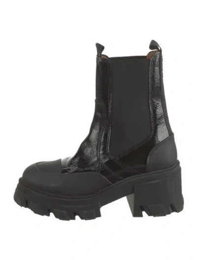 Pre-owned Ganni Patent Leather Chelsea Boots In Black