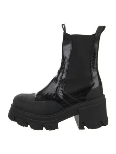 Pre-owned Ganni Patent Leather Combat Boots In Black