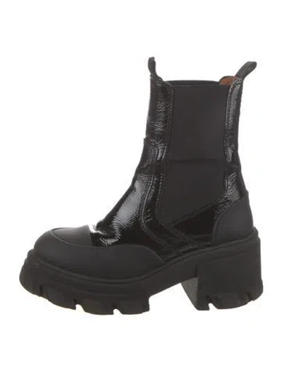 Pre-owned Ganni Patent Leather Combat Boots In Black