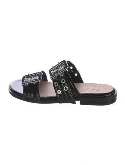 Pre-owned Ganni Patent Leather Eyelet Trim Slides In Black