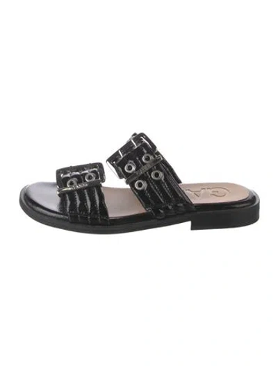 Pre-owned Ganni Patent Leather Eyelet Trim Slides In Black